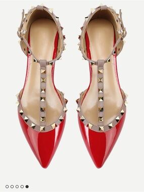 SHEIN Red Patent T-Strap Pointed Stud Flats with Taupe Trim